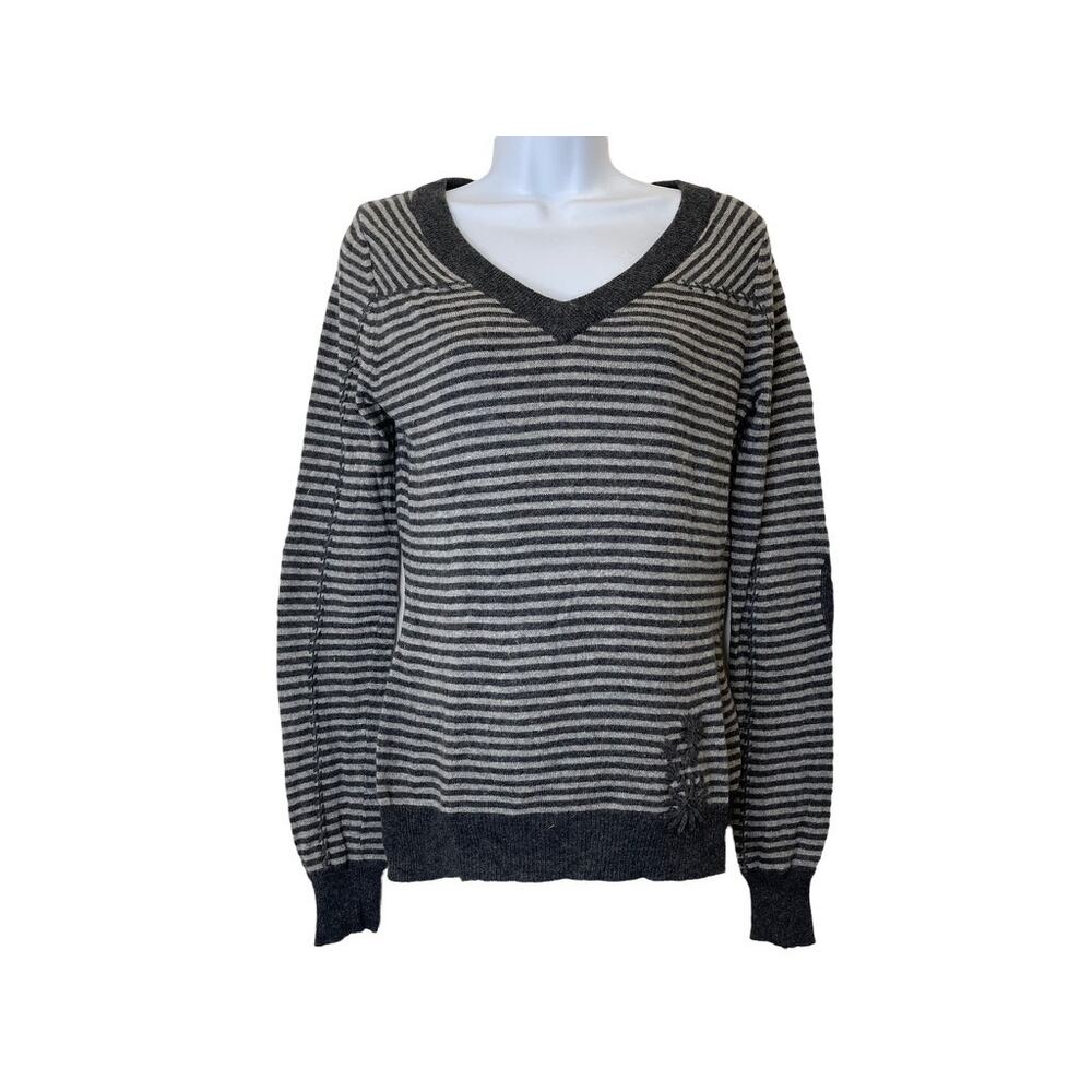 Prana Gray Striped V-Neck Cashmere Lambswool Sweater Elbow Patches Size Medium